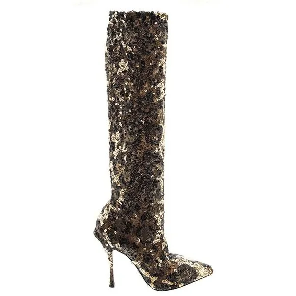 Dolce & Gabbana Sequin Embellished Leopard Knee-High Stiletto Boots-EU38